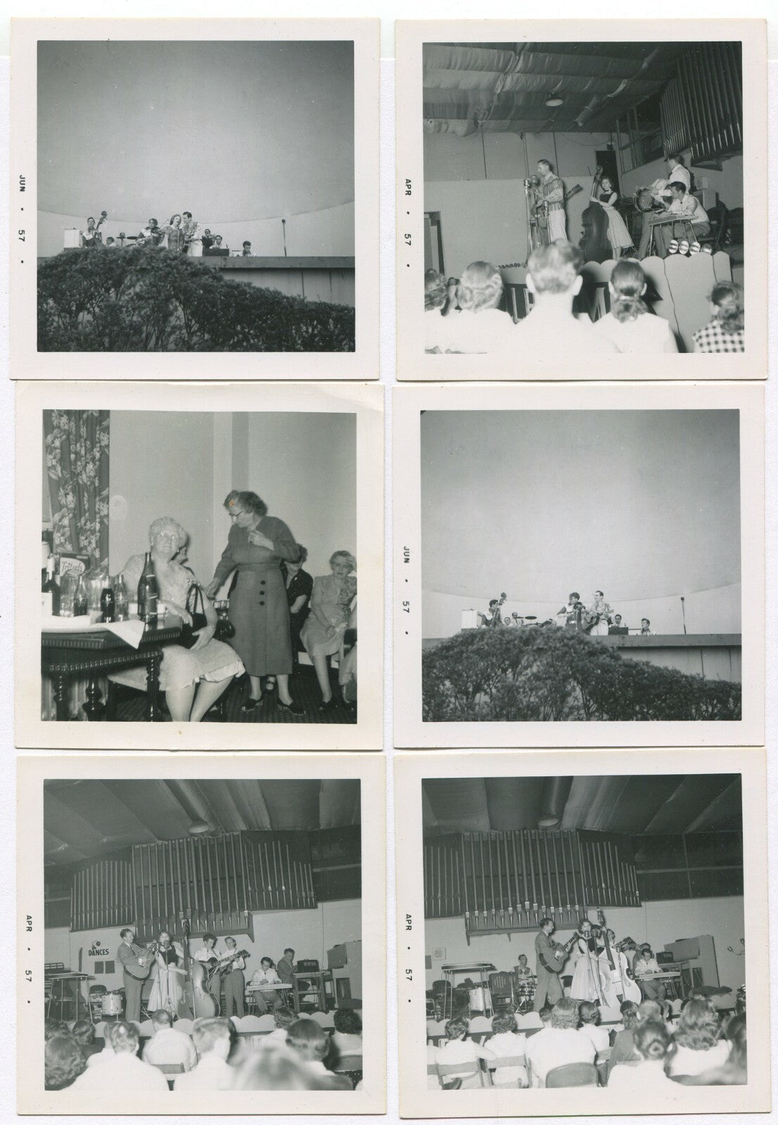 BAND ON STAGE, 1957. 3.5X3.5 IN. B&W 6 SET. VINTAGE.