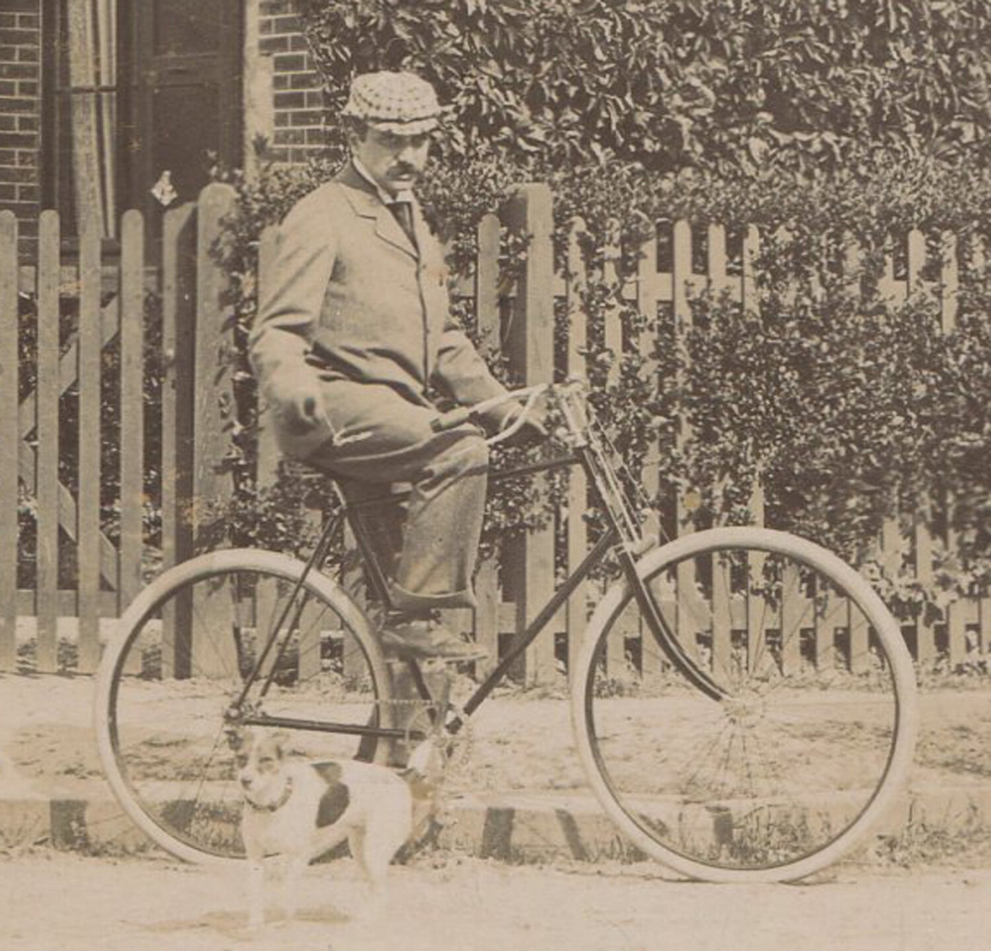Authentic Vintage 5x7 Cabinet Card: Man on Bicycle by House with Picket Fence,