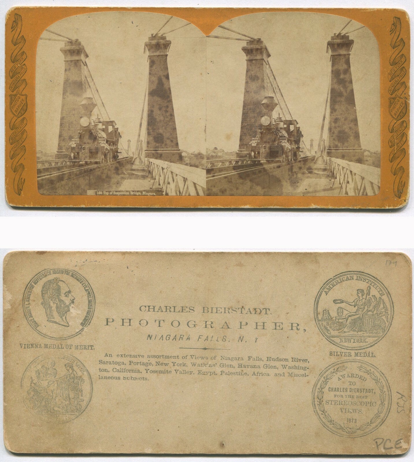 TRAIN, STEAM ENGINE CROSSING SUSPENSION BRIDGE, NIAGARA. STEREOVIEW.