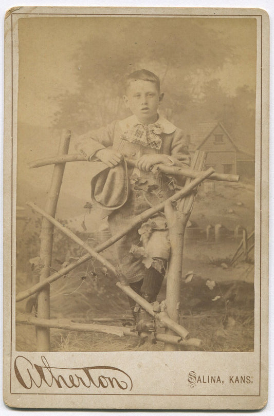 Cabinet Card Photo, Boy in Knickers Holding Hat, Rustic Setting, Salina KS