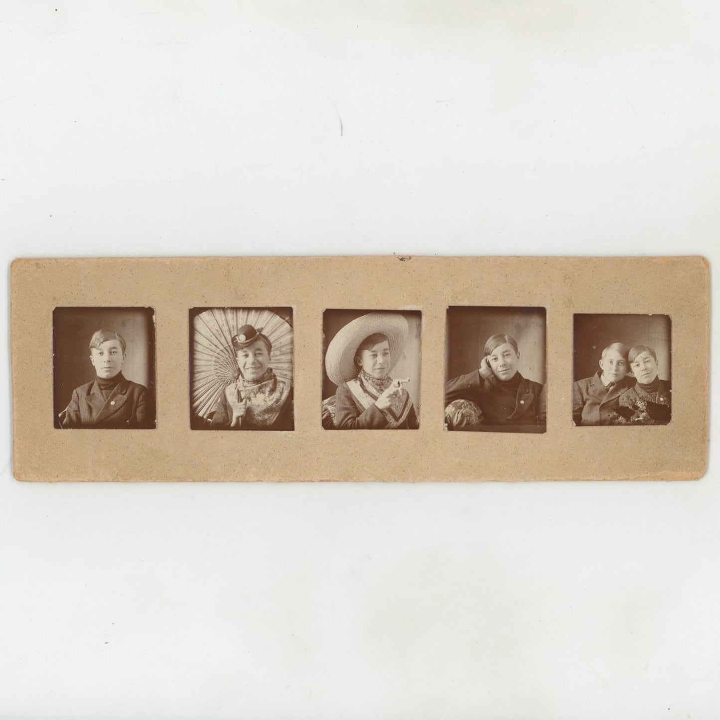 VINTAGE MOUNTED COLLAGE (5) PHOTOS - YOUNG BOY W PISTOL & PARASOL, COWBOY HAT