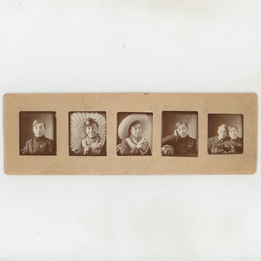 VINTAGE MOUNTED COLLAGE (5) PHOTOS - YOUNG BOY W PISTOL & PARASOL, COWBOY HAT