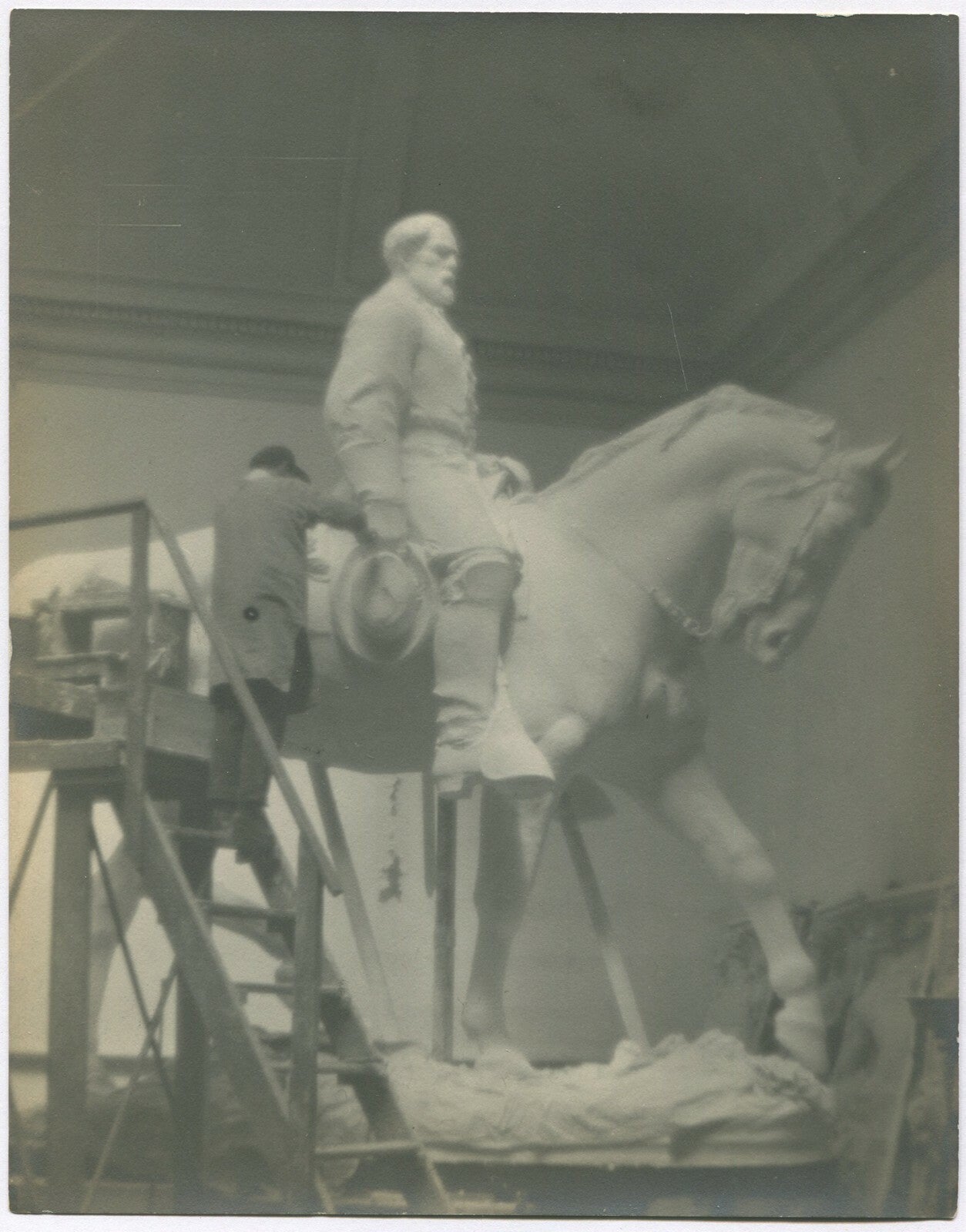 BUILDING GEN. LEE STATUE. PICTORIALIST 8X10 SILVER PRINT IN 11X14 ARCHIVAL MAT.