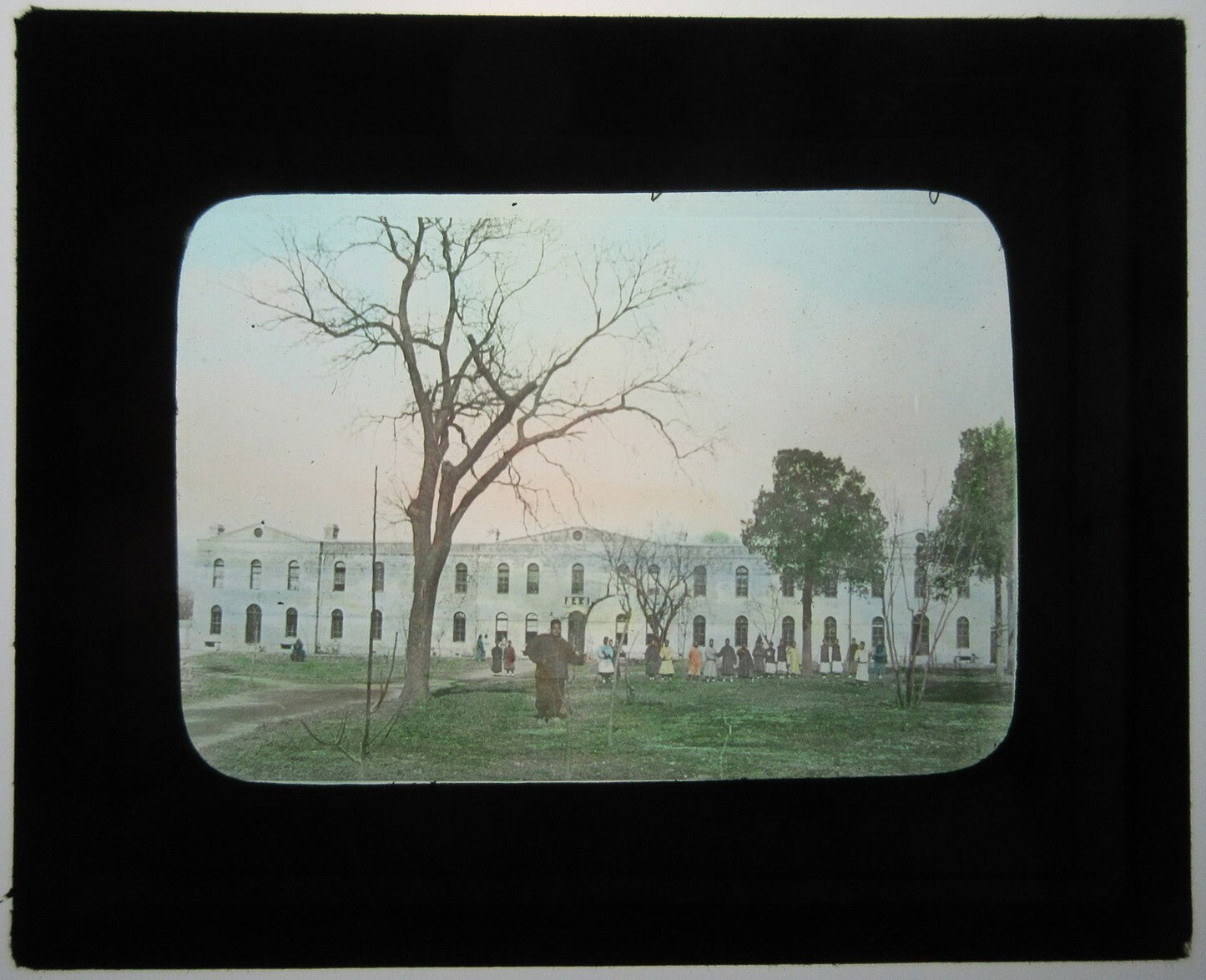 Vintage Tint Lantern Slide: African Americans Outside Large Building, Original Glass Photo 3.25x3.5in
