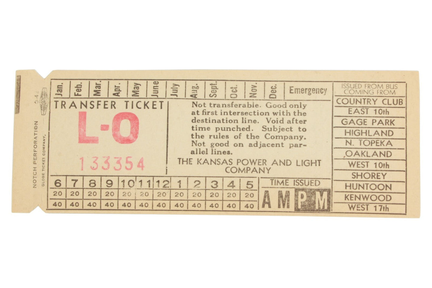 Kansas Power & Light Bus Transfer Ticket Unpunched