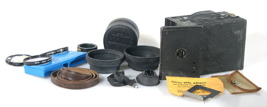 Vintage photography treasure bundle: Brownie camera, cases, straps, lens shades,
