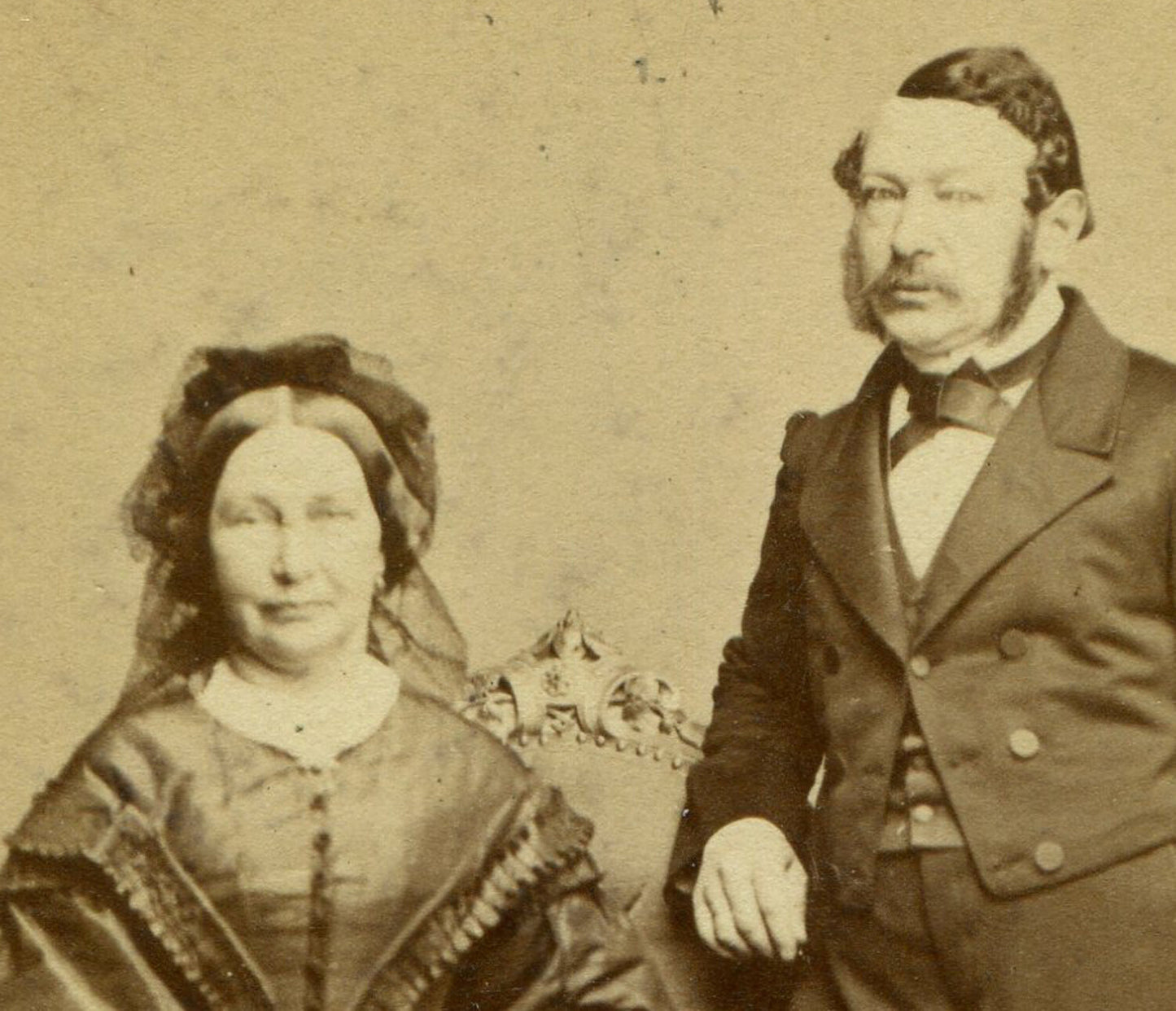 COUPLE POSED, DRUNK WOMAN HOLDING BOOK. CDV, 1864, WIEN, AUSTRIA.