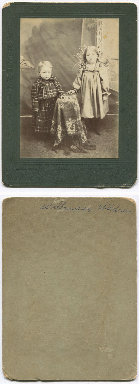 Vintage children portrait photo, standing pose, original 7.25x5.5 in mounted card, age-worn charm, ephemera
