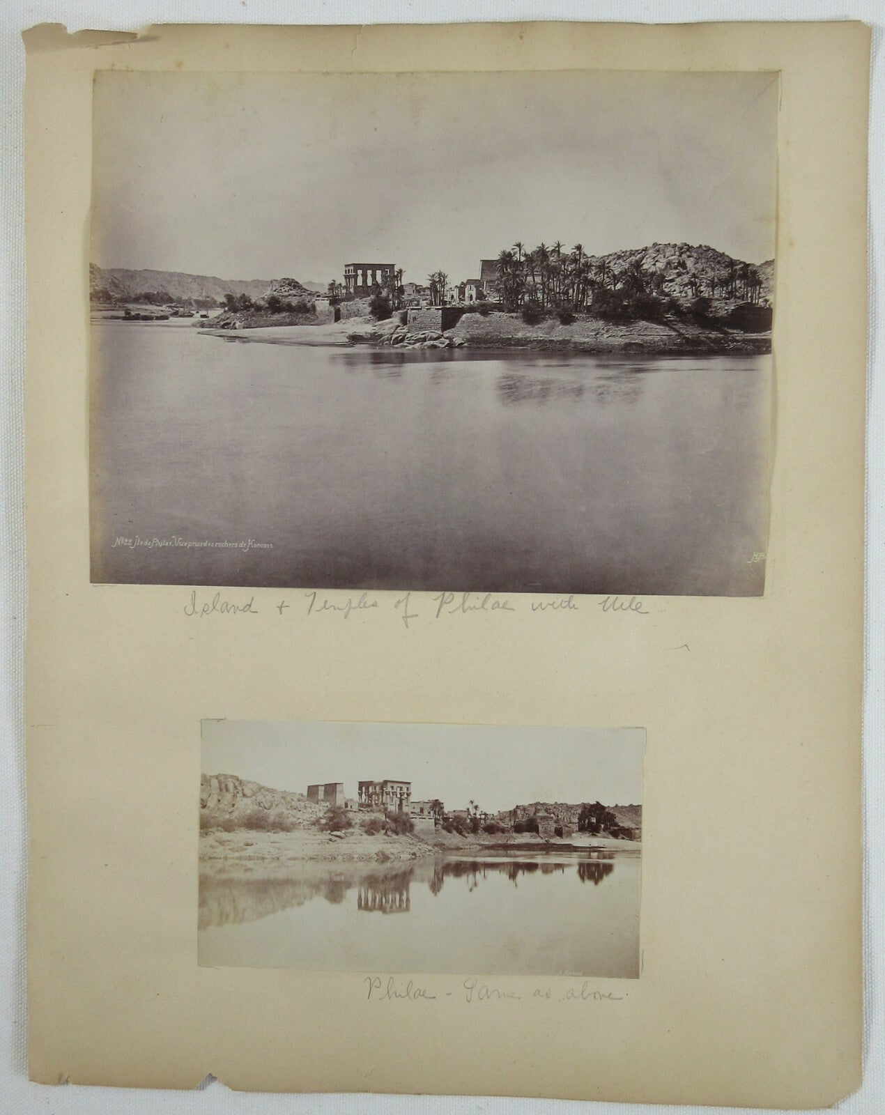 EGYPTIAN/ROMAN RUINS. 5 ALBUMEN PHOTOS ON 2 SIDES OF PAGE.