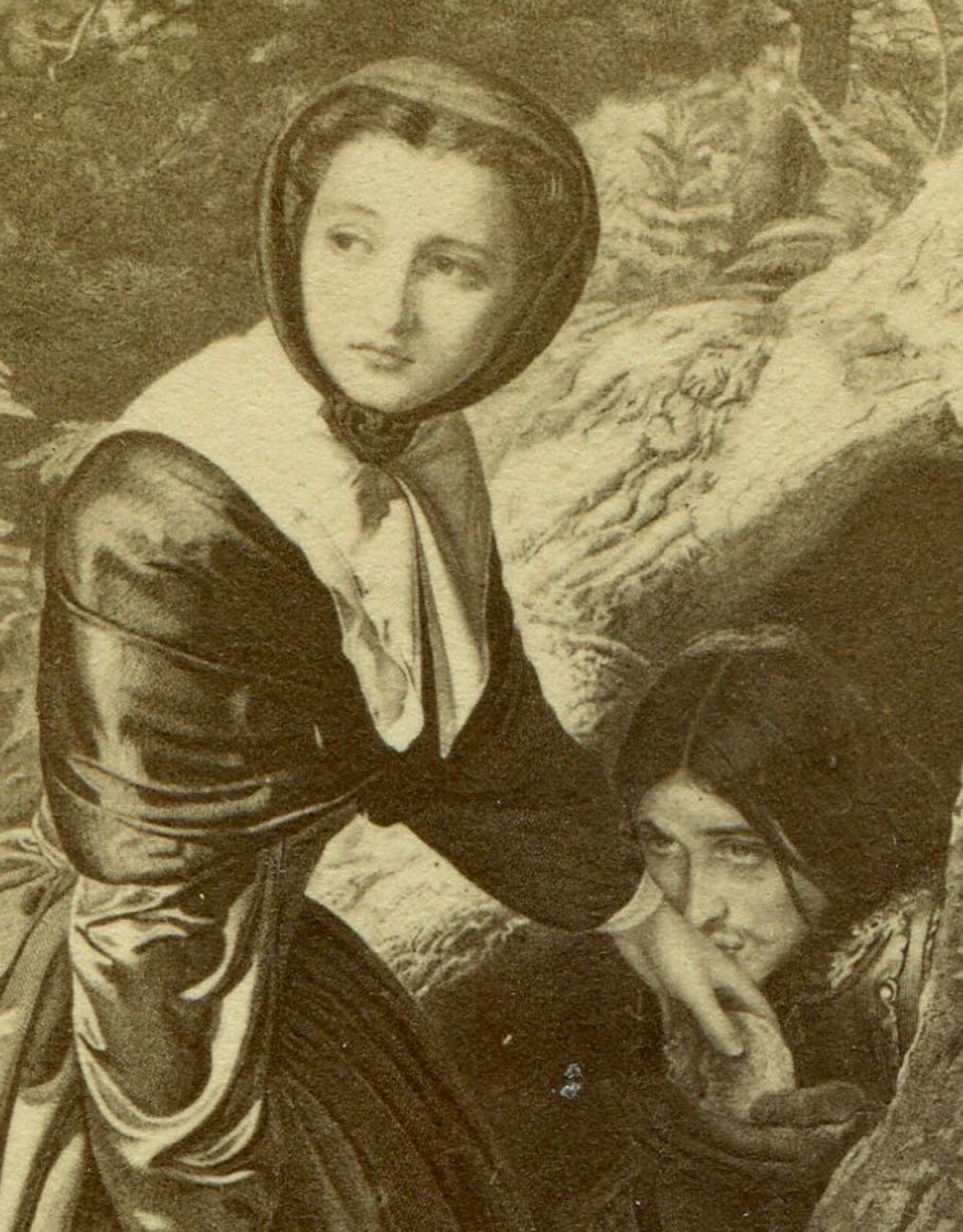 COUPLE HAVING CLANDESTINE MEETING AT CAVE OPENING. ARTWORK, CDV.