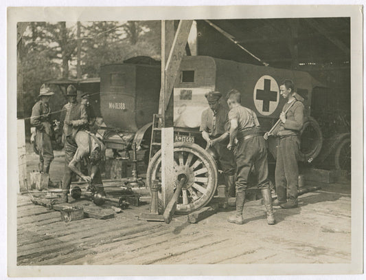 AMBULANCE MAINTENANCE NEAR THE BRITISH FRONT. WWI. (8X10 REPRINT)