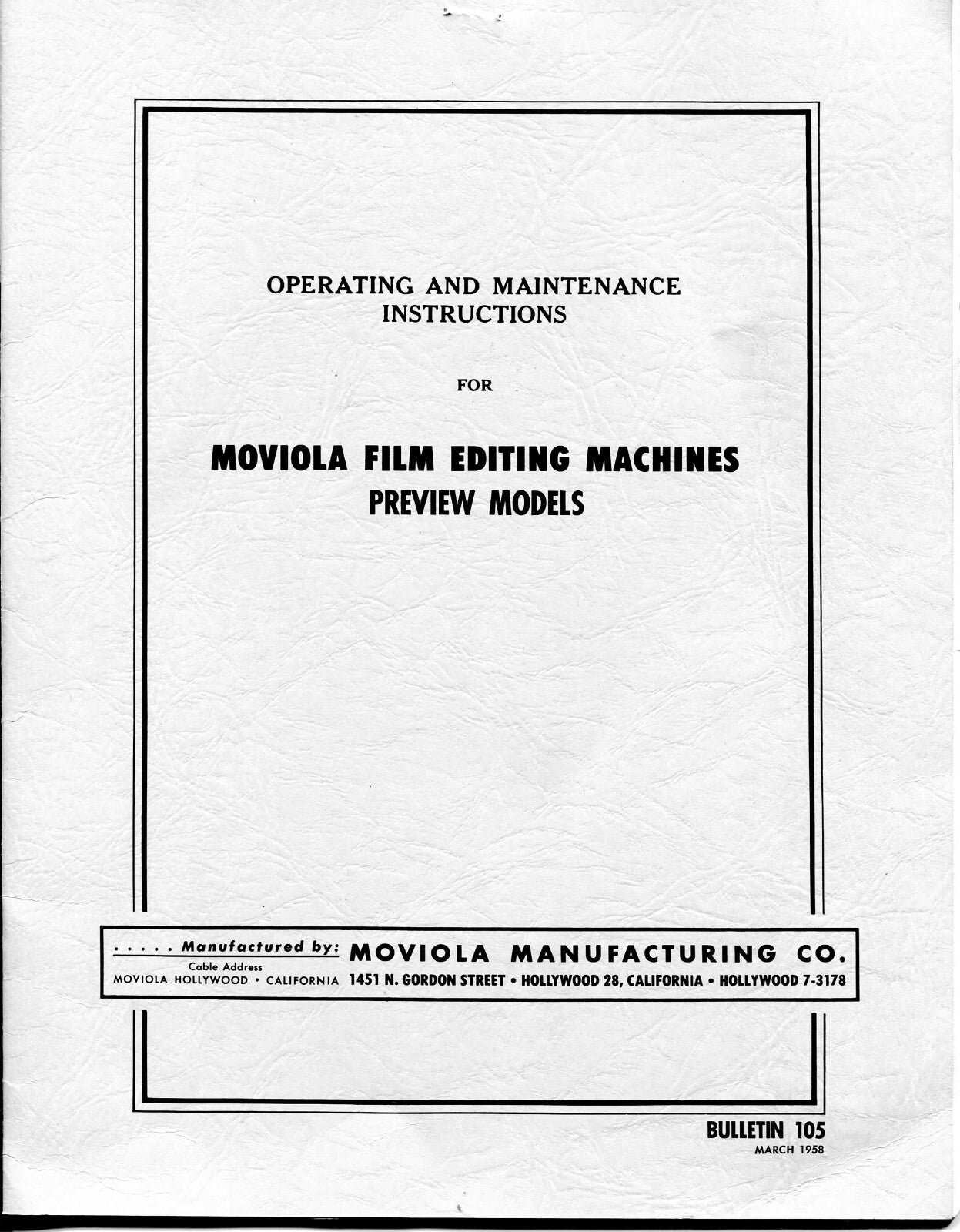 MOVIOLA FILM EDITING MACHINE MANUAL & PARTS LIST  ((XEROX COPY ONLY ))