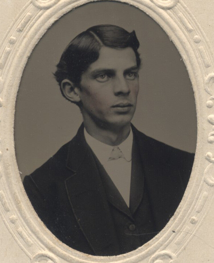 TINTYPE PORTRAIT OF HANDSOME YOUNG MAN W/ RED TINTED CHEEKS