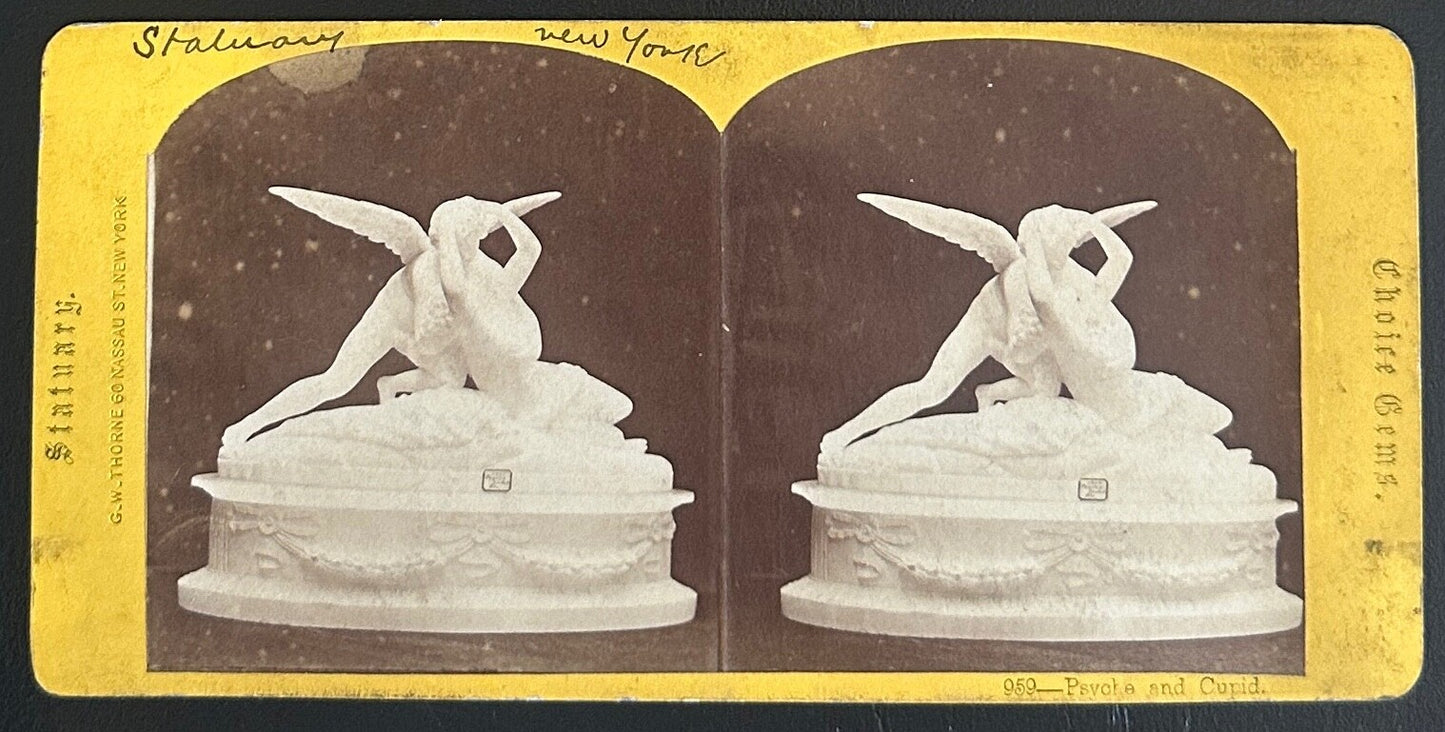 Vintage StereoView Card Psyche and Cupid Statuary NY 3.5x7 Photo
