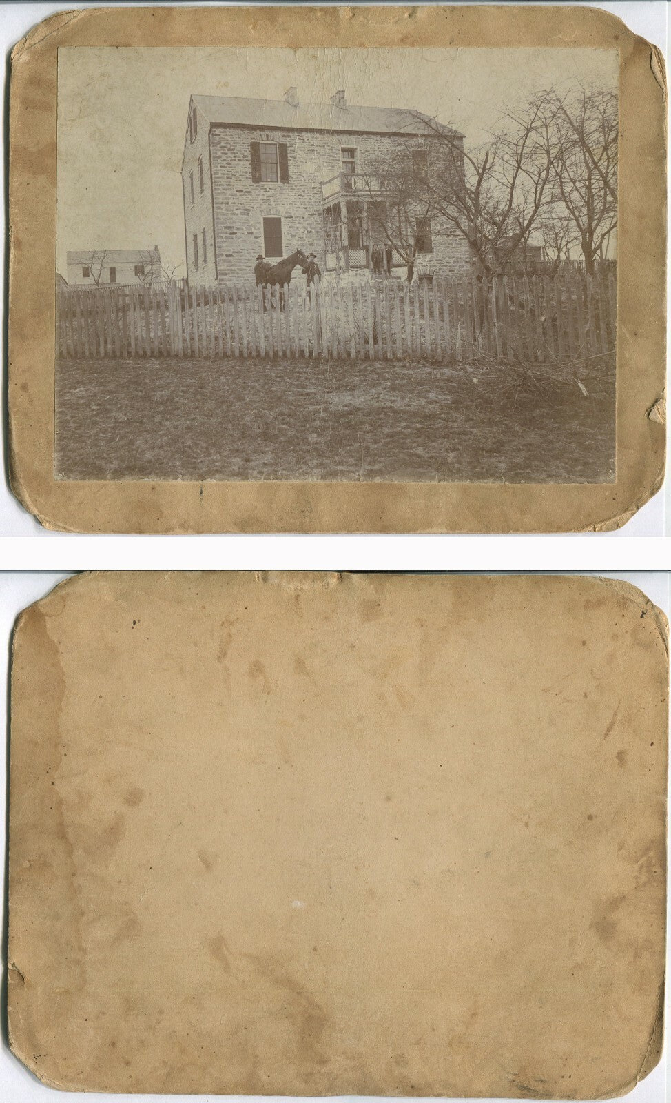CHILD WATCHES MEN W/HORSE, FROM STONE HOUSE PORCH. 6.5X8.5 SILVER PRINT.