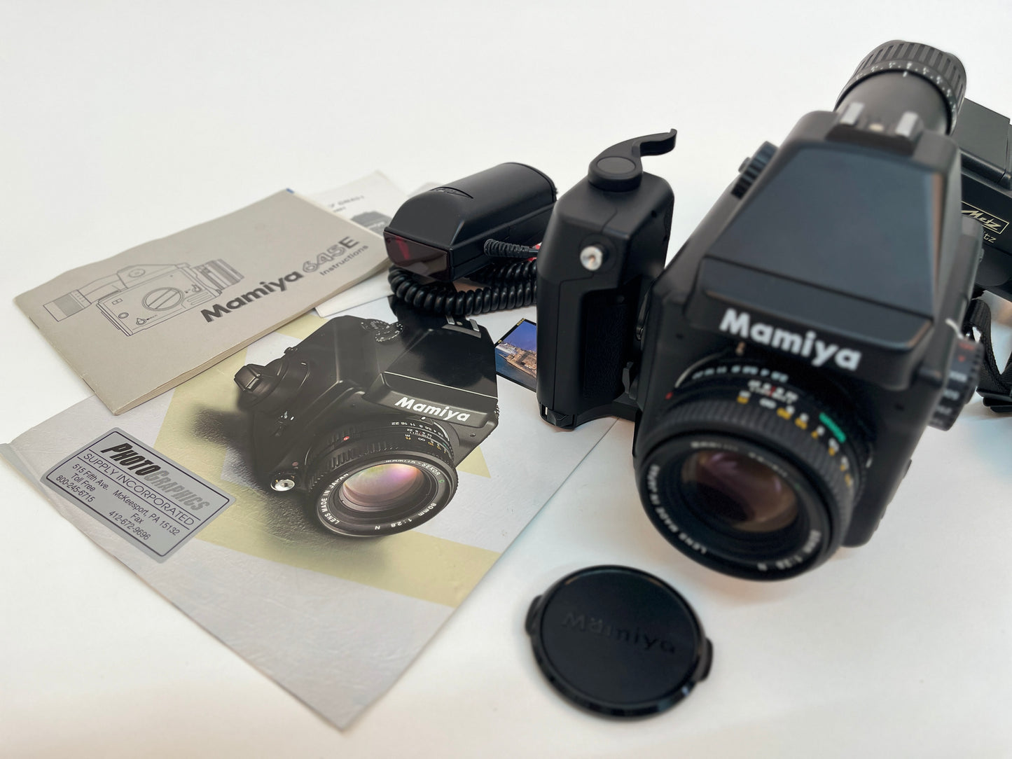 Mamiya 645E Medium Format Film Camera Kit with Metz Flash and Case MINT+