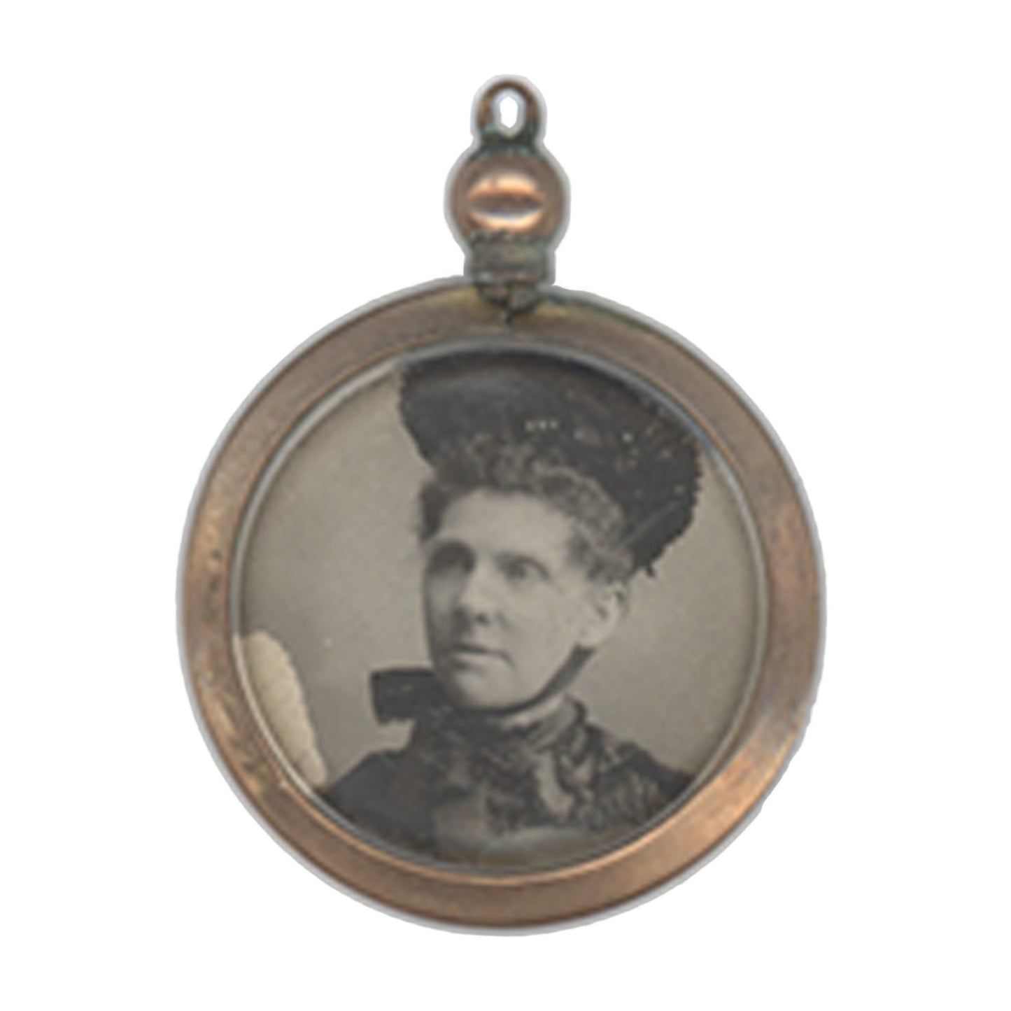 Vintage round portrait pendant with a person's face inside on a white background