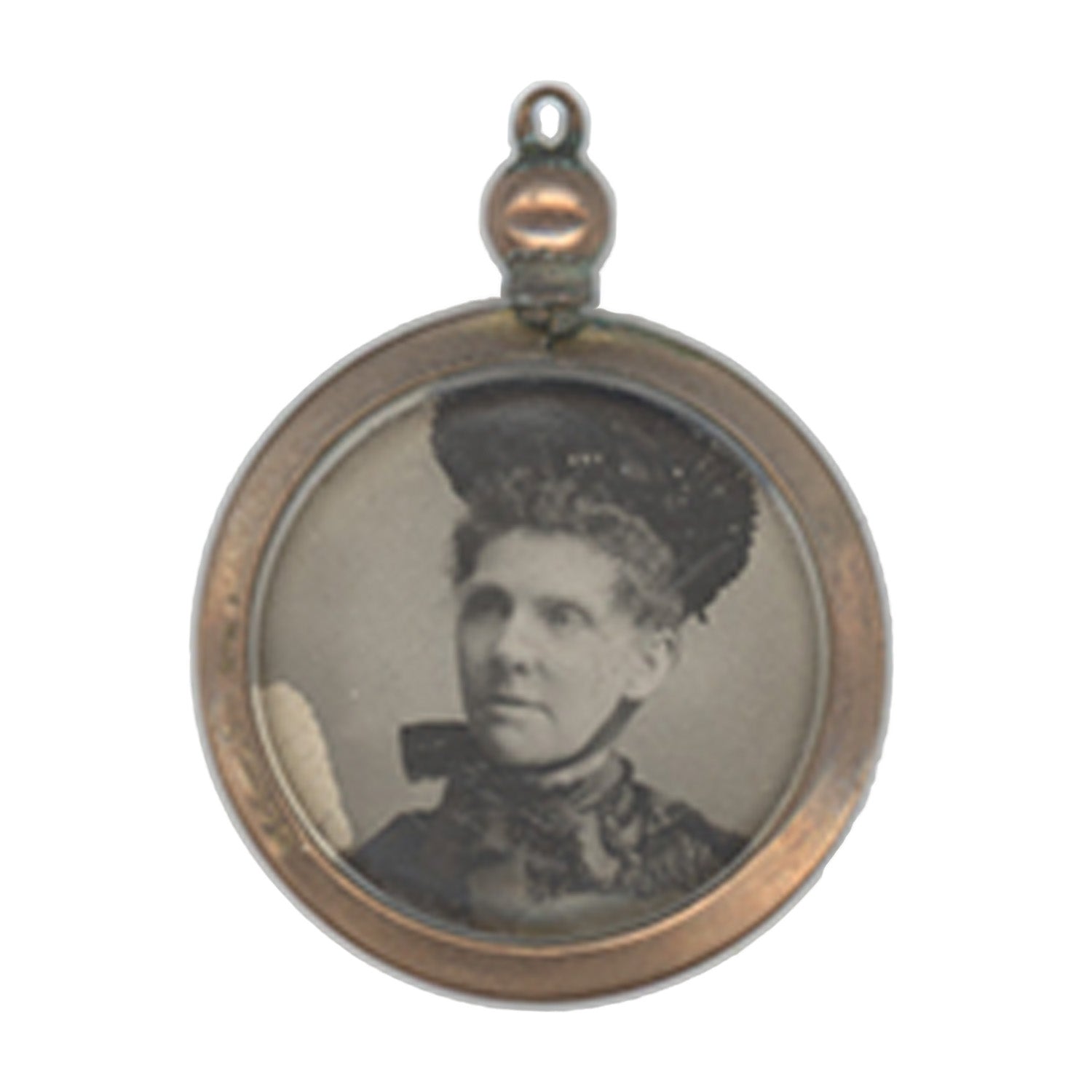 Vintage round portrait pendant with a person's face inside on a white background