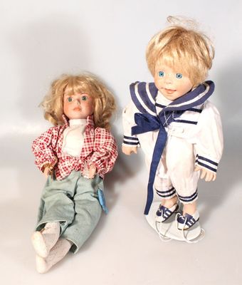 SET OF 2 VINTAGE DOLLS W/ FULL OUTFITS BOY WEARING SAILORS OUTFIT   FISHING GIRL