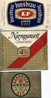 AMERICAN VINTAGE BEER LABELS. SET OF 3. INNSBRAU, NARRAGANSETT, BALLATINE ALE
