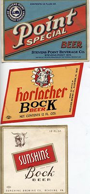 AMERICAN VINTAGE BEER LABELS. SET OF 3. POINT SPECIAL, HORLACHER BOCK, SUNSHINE