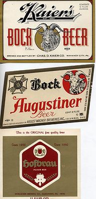 AMERICAN VINTAGE BEER LABELS. SET OF 3. KAIERS, BOCK AUGUSTINER, HOFBRAU