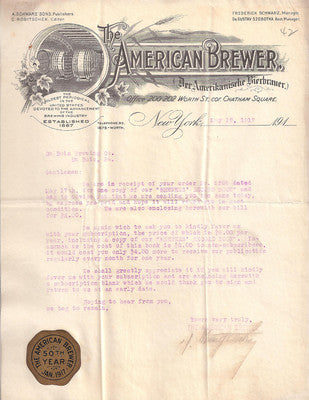 THE AMERICAN BREWER, EST 1867, SIGNED LETTER, MAY 19 1917