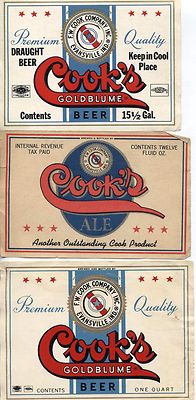 AMERICAN VINTAGE BEER LABELS. SET OF 3. COOKS GOLDBLUME BEER