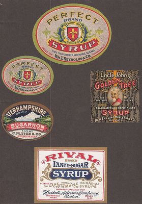 SYRUP BOTTLE LABELS,LOT OF 5,PERFECT,RIVAL,VERHAMSHIRE   UNCLE JOHNS