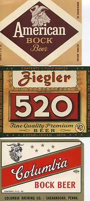 AMERICAN VINTAGE BEER LABELS. SET OF 3. AMERICAN, COLUMBIA, AND ZEIGLER 520