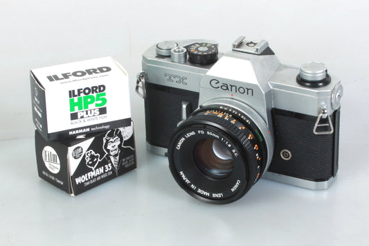 Canon TX SLR Student Film Camera All Manual W 50mm 1.8 Prime Lens + 2 Rolls B&W Film + Battery