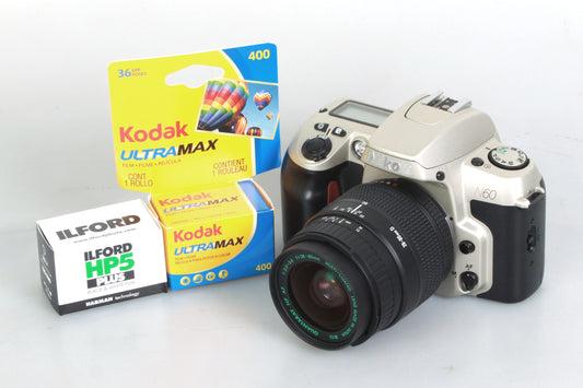 Nikon N60 Student Film Camera w Wide Angle to Portrait Lens + New Batteries + Film