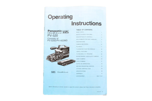 Panasonic OmniMovie VHS HQ AF PV-520 Camcorder Operating Instructions