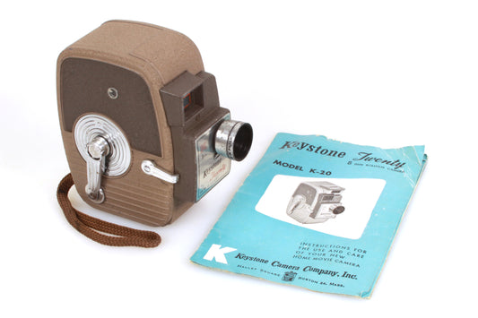 Keystone Twenty K-20 8mm Art Deco Movie Camera w/ Wrist Strap & Manual