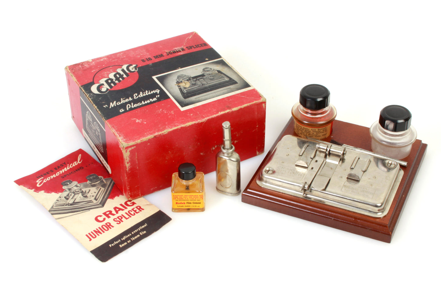 Craig Film Splicer Reg 8 & 16mm w Film Cement & Oil Can in Box