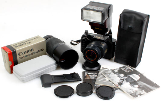 Canon T80 35mm SLR AF Film Camera w/ 2 Lenses, Flash, Command Back
