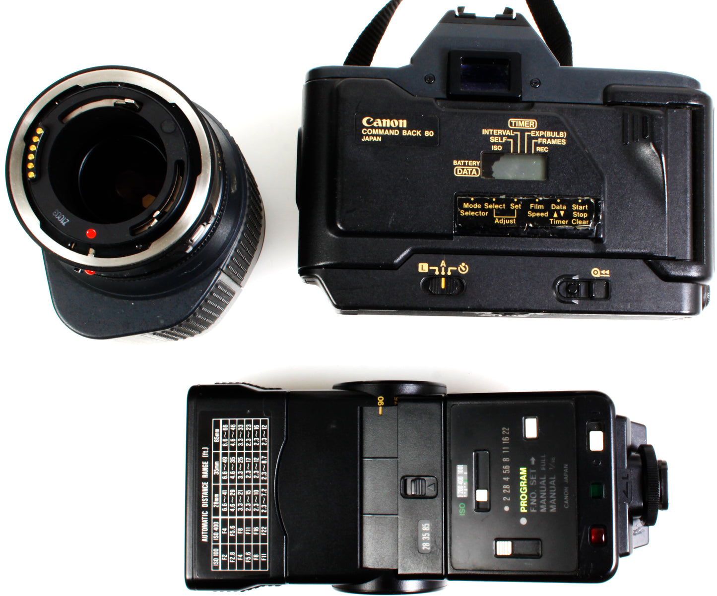Canon T80 35mm SLR AF Film Camera w/ 2 Lenses, Flash, Command Back