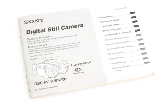 Sony Cyber-Shot DSC-P71/P51/P31 Camera Instructions