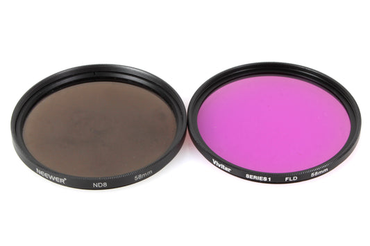 58mm Filters (2) Neewer Neutral Density & Vivitar Purple FLD