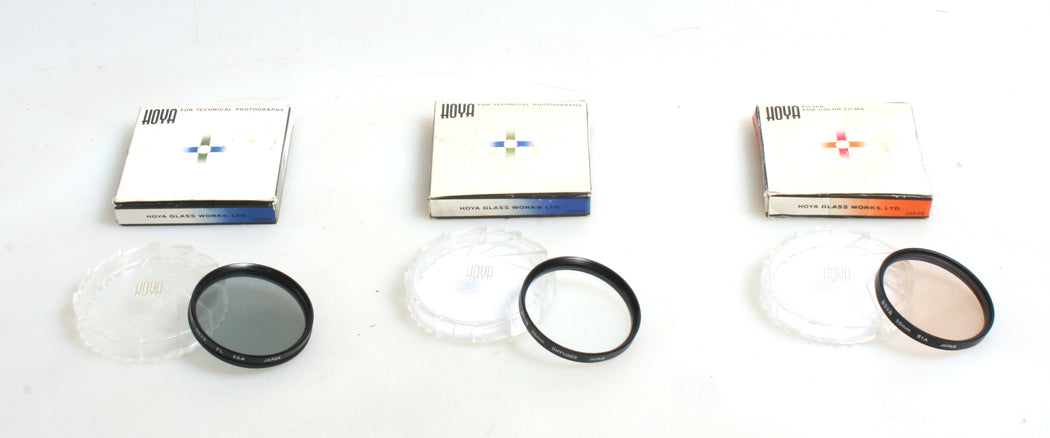 HOYA 55MM FILTERS (3) POLARIZER, DIFFUSER, 81A IN BOXES