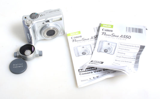 CANON POWERSHOT A550 DIGITAL P+S CAMERA WITH MANUAL + WIDE ANGLE ADAPTER