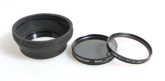 55MM HOOD UV AND POLARIZER FILTER SET OF 3