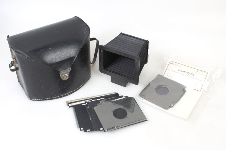 AMBICO CAT. NO 902 THE SHADE 2 1/4 CAMERA LENS HOOD BELLOWS (A8) W FILTER LOT