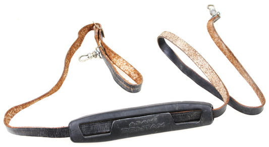 Vintage 1980s Asahi Pentax Brown Leather Camera Strap with Metal Clips