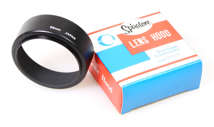 Vintage 55mm Spiratone Hard Black Plastic Lens Sun / Shade Hood in Original Box