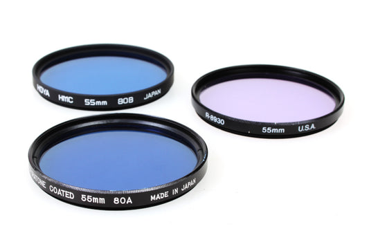 55mm Camera Lens Filters, Set of 3 - 80A / 80B / 80C Blue Color Correction