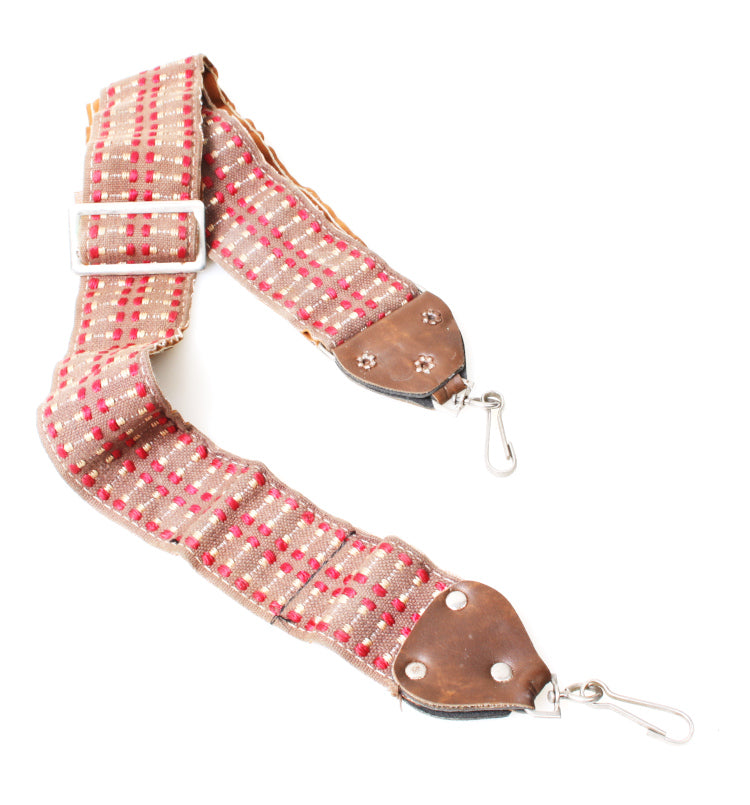 Retro 1960s Embroidered Camera Strap w/Leather Lining, Tan w/Red & White Accents