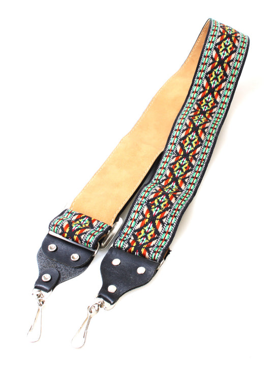 Retro 1970s Embroidered Camera Strap w/Leather Lining, Multi-Color Geometric