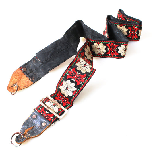Retro Wide Embroidered Camera Strap w/Black Lining, Red & White Flower Pattern