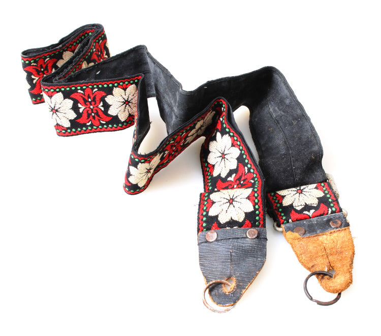 Retro Wide Embroidered Camera Strap w/Black Lining, Red & White Flower Pattern